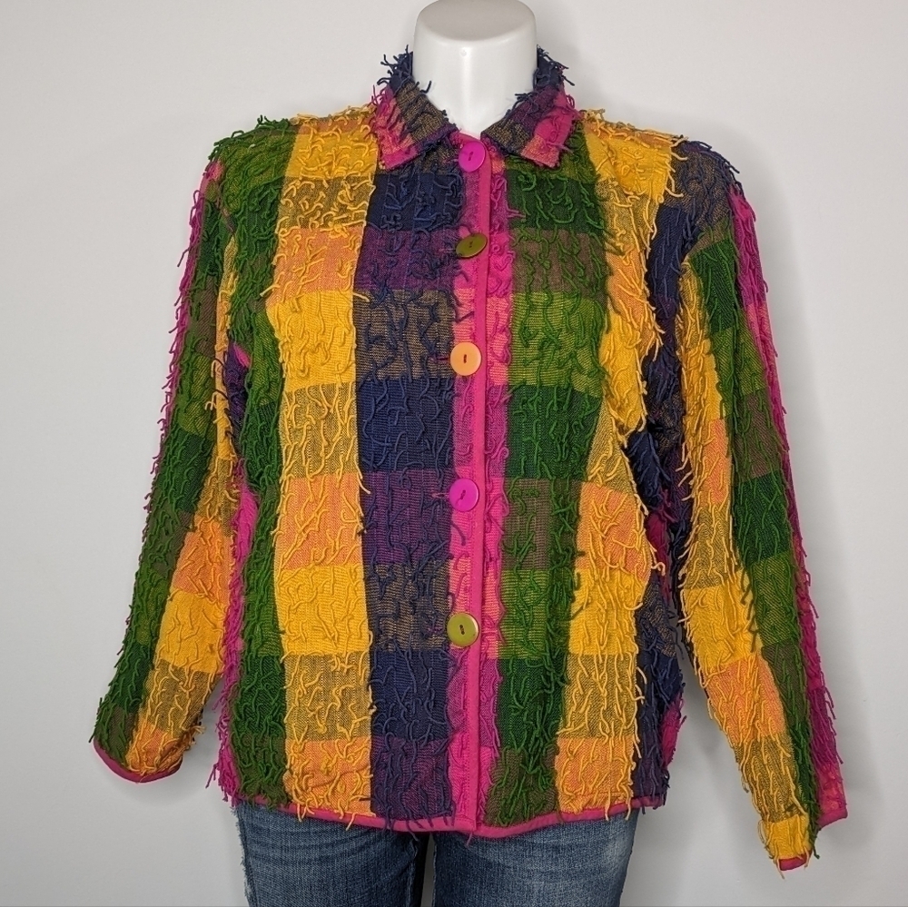 Vintage Keren Hart purple yellow green pink shaggy button up jacket XL